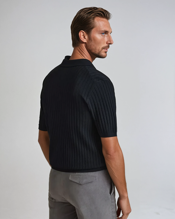 Crochet Polo Cardigan in Black