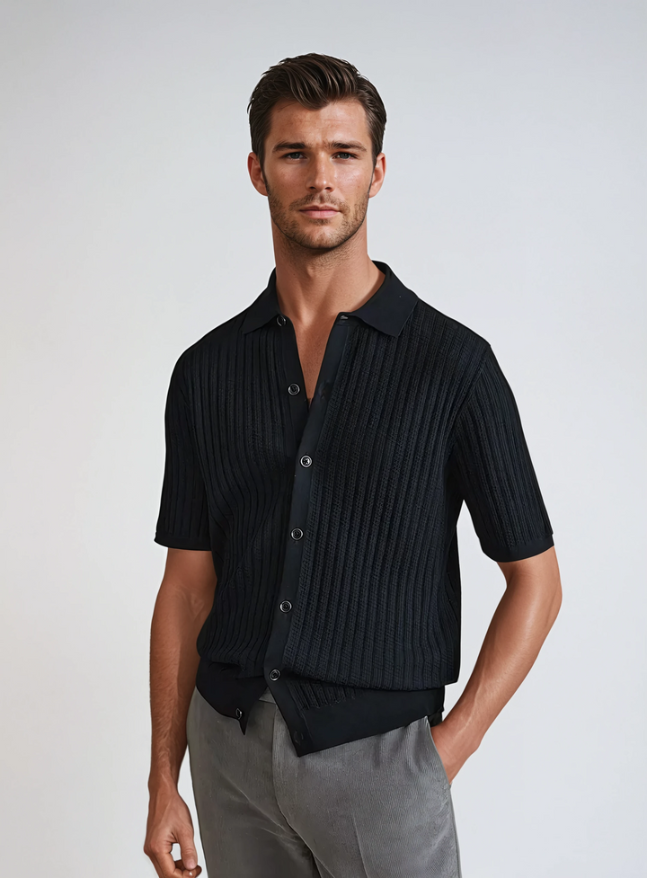 Crochet Polo Cardigan in Black